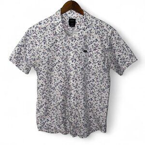 RVCA White Floral Short Sleeve Button Down Collared Shirt Men’s Sz Lg Slim Fit